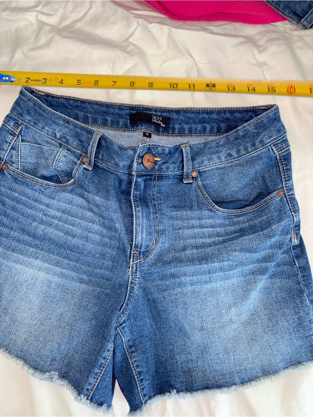 1822 Denim Mid-Blue High-Rise Frayed Hem Jean Shorts